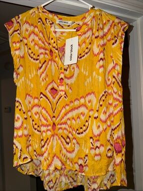Color Block Women's Yellow Ikat Sleeveless Blouse - Color Block